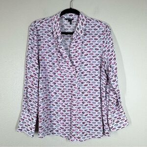 NIC+ZOE Women's Sealed With A Kiss Lip Print Blouse Long Sleeve Shirt Large